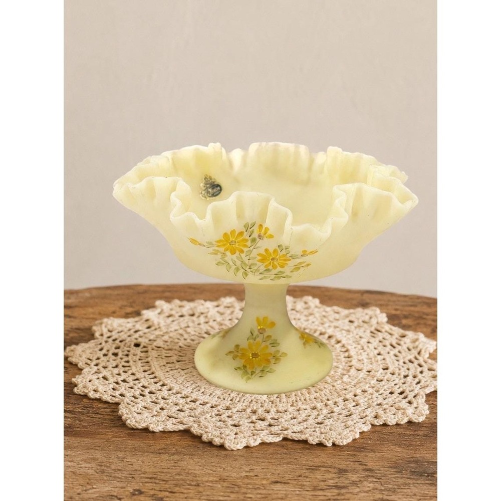 Fenton Satin Custard Compote Pedestal Ruffle Top Candy Dish Bowl Hand Painted